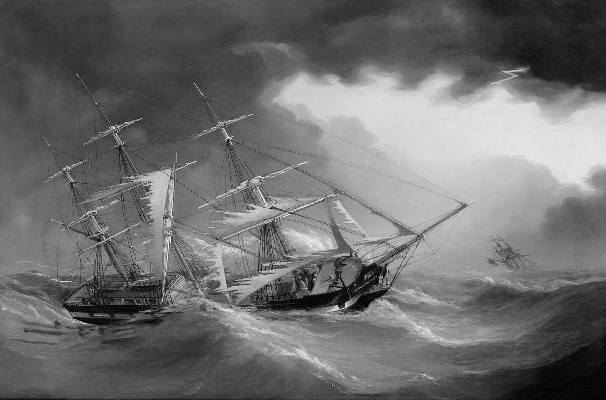 Oil painting of a full-rigged sailing ship with torn sails heeling in heavy seas under a dark storm sky